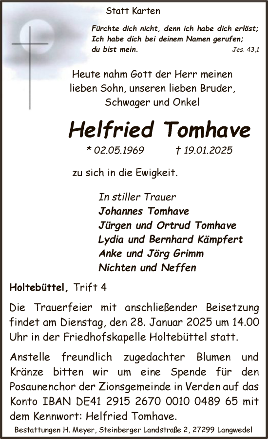 Todesanzeige von Helfried Tomhave von SYK