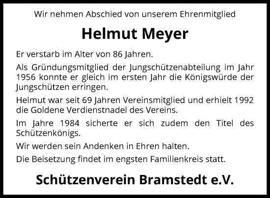 Todesanzeige von Helmut Meyer von SYK