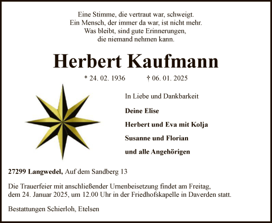 Todesanzeige von Herbert Kaufmann von SYK