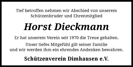 Todesanzeige von Horst Dieckmann von SYK