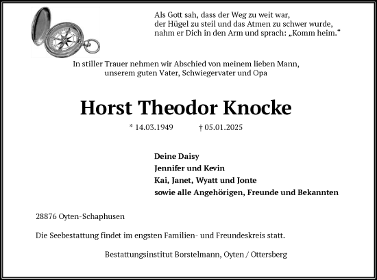 Todesanzeige von Horst Theodor Knocke von SYK