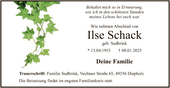 Todesanzeige von Ilse Schack von SYK