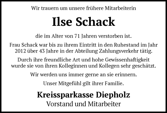 Todesanzeige von Ilse Schack von SYK