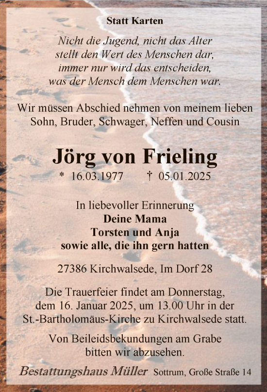 Todesanzeige von Jörg von Frieling von SYK