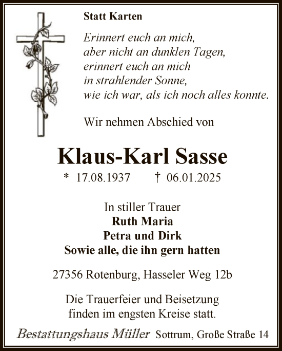 Todesanzeige von Klaus-Karl Sasse von SYK