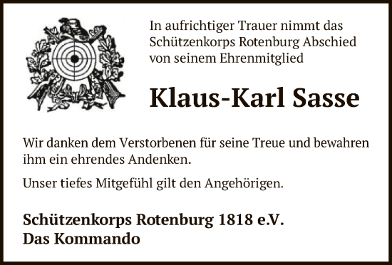 Todesanzeige von Klaus-Karl Sasse von SYK