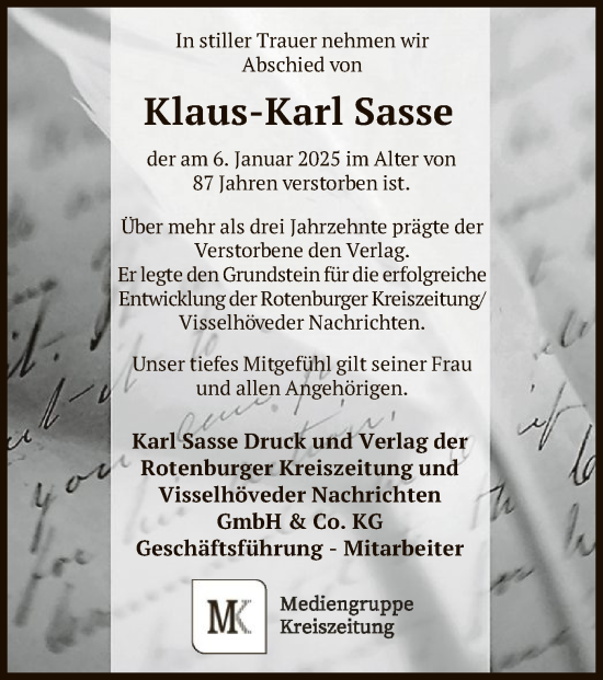 Todesanzeige von Klaus-Karl Sasse von SYK