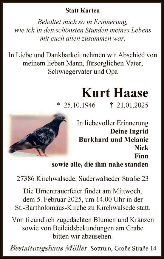 Todesanzeige von Kurt Haase von SYK