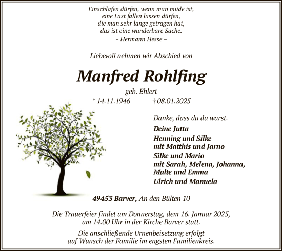 Todesanzeige von Manfred Rohlfing von SYK