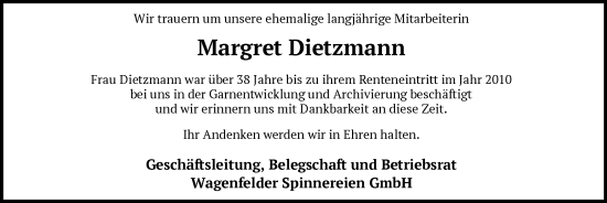 Todesanzeige von Margret Dietzmann von SYK