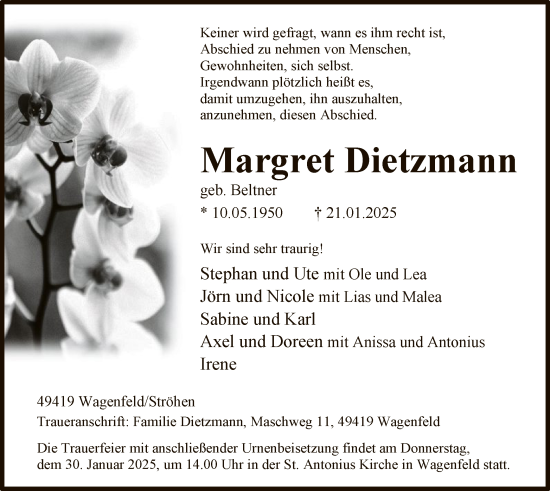 Todesanzeige von Margret Dietzmann von SYK