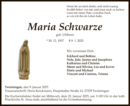 Todesanzeige von Maria Schwarze von SYK