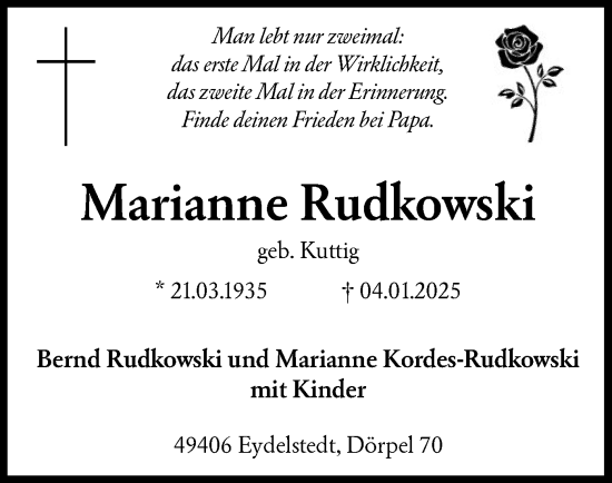 Todesanzeige von Marianne Rudkowski von SYK