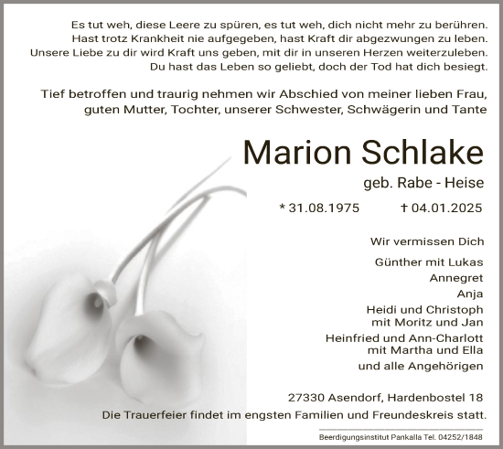 Todesanzeige von Marion Schlake von SYK