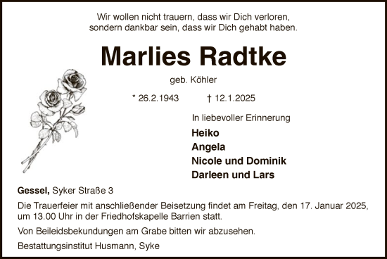 Todesanzeige von Marlies Radtke von SYK