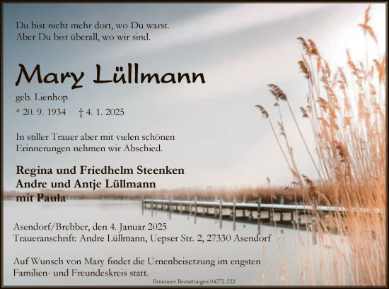 Todesanzeige von Mary Lüllmann von SYKSYK