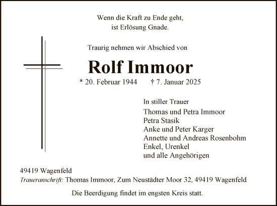 Todesanzeige von Rolf Immoor von SYK