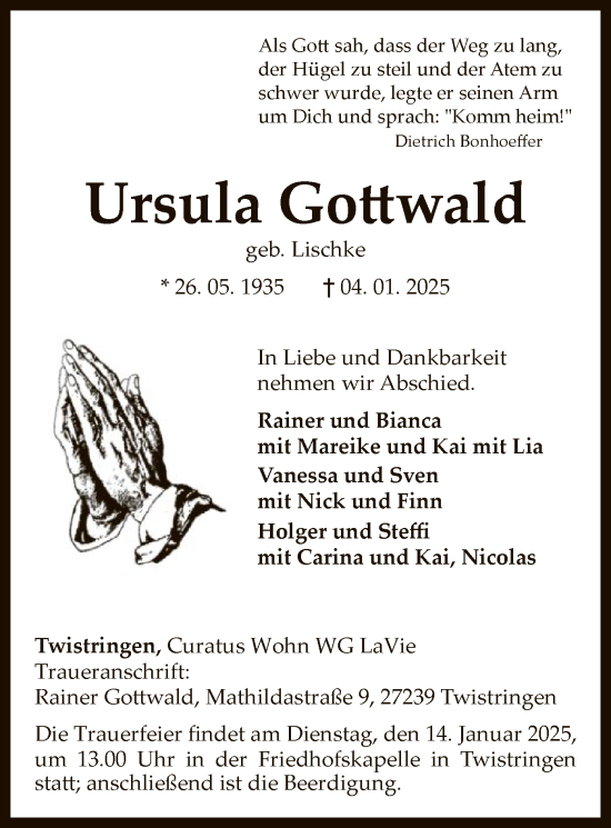 Todesanzeige von Ursula Gottwald von SYK