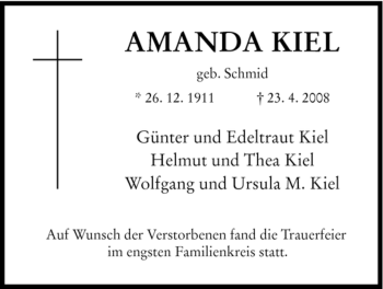 Todesanzeige von AMANDA KIEL von HERSFELDER ZEITUNG