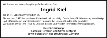 Todesanzeige von Ingrid Kiel von HERSFELDER ZEITUNG