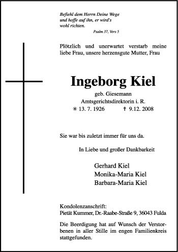 Todesanzeige von Ingeborg Kiel von HERSFELDER ZEITUNG