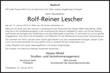 Todesanzeige von Rolf-Reiner Lescher von Hersfeld