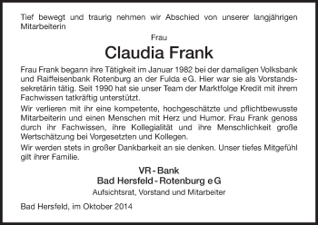 Todesanzeige von Claudia Frank von Hersfeld