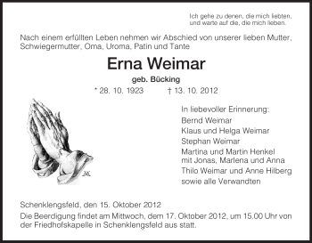 Todesanzeige von Erna Weimar von Hersfeld