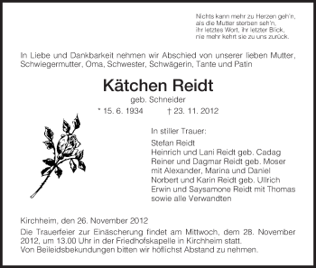 Todesanzeige von Kätchen Reidt von Hersfeld