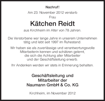 Todesanzeige von Kätchen Reidt von Hersfeld