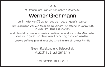 Todesanzeige von Werner Grohmann von Hersfeld