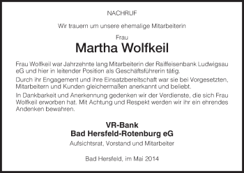 Todesanzeige von Martha Wolfkeil von Hersfeld