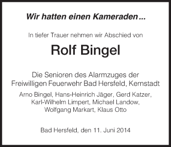 Todesanzeige von Rolf Bingel von Hersfeld