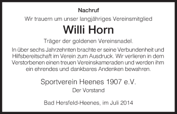 Todesanzeige von Willi Horn von Hersfeld