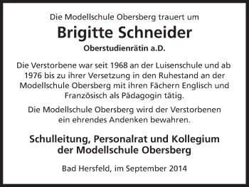 Todesanzeige von Brigitte Schneider von Hersfeld