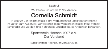 Todesanzeige von Cornelia Schmidt von Hersfeld