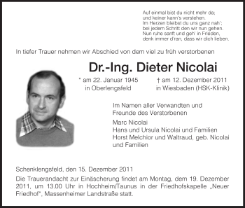 Todesanzeige von Dieter Nicolai von HERSFELDER ZEITUNG