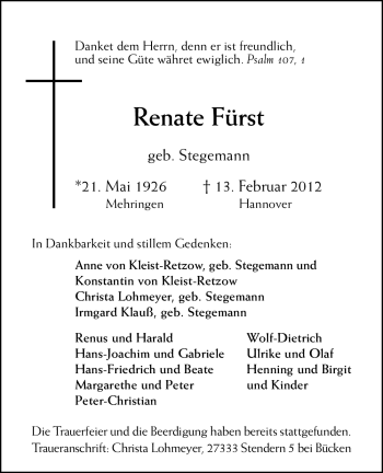 Todesanzeige von Renate Fürst von HERSFELDER ZEITUNG