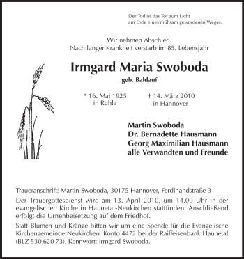 Todesanzeige von Irmgard Maria Swoboda von HERSFELDER ZEITUNG