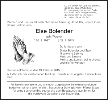 Todesanzeige von Else Bolender von Hersfeld