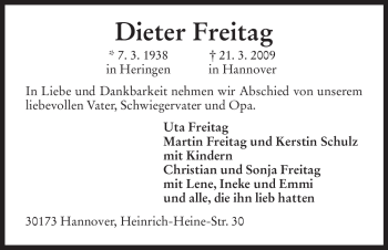 Todesanzeige von Dieter Freitag von HERSFELDER ZEITUNG