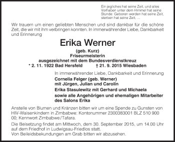 Todesanzeige von Erika Werner von Hersfeld