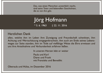 Todesanzeige von Jörg Hofmann von Hersfeld