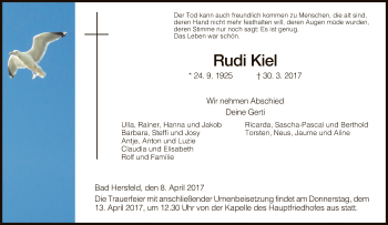 Todesanzeige von Rudi Kiel von Hersfeld