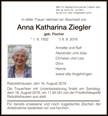 Todesanzeige von Anna Katharina Ziegler von Hersfeld