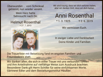 Todesanzeige von Helmut und Anni Rosenthal von Hersfeld