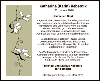 Todesanzeige von Katharina Karin Kebernik von Hersfeld