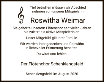 Todesanzeige von Roswitha Weimar von HZ