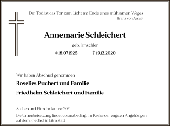 Todesanzeige von Annemarie Schleichert von HZ