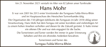 Todesanzeige von Hans Mohr von HZ